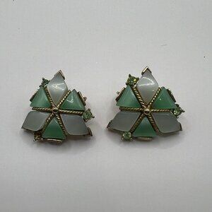 Vintage Coro Clip On Earrings Green Acrylic Triangle Green Rhinestone Flaw